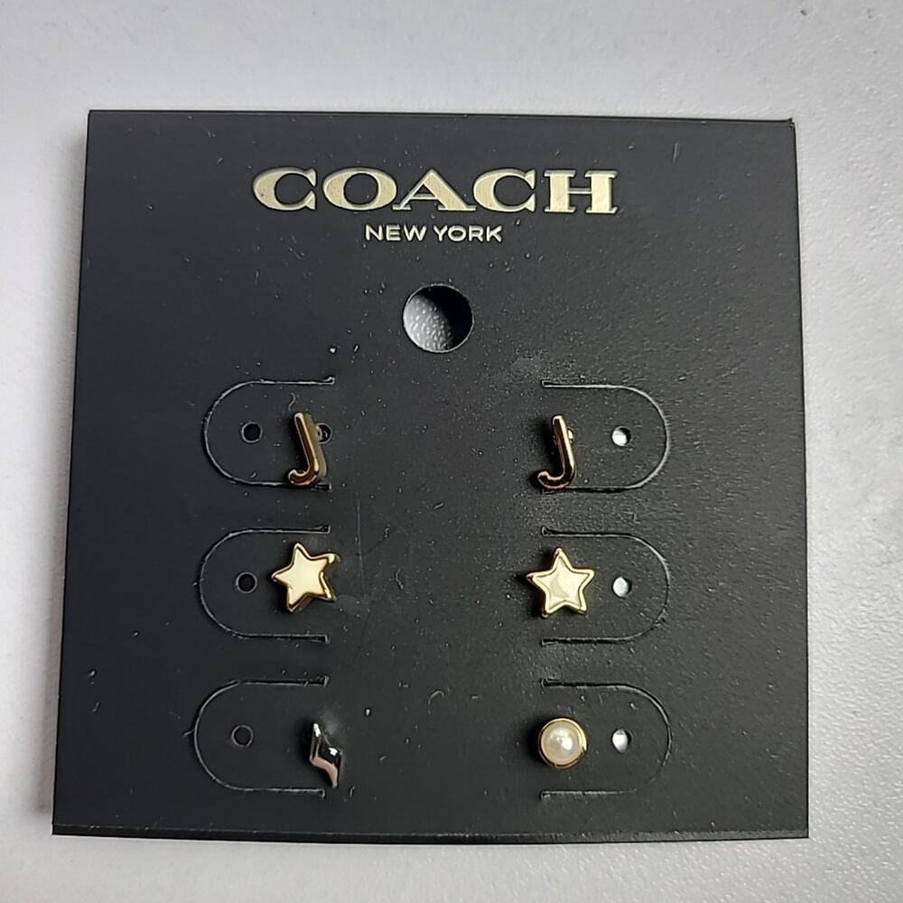 AUTHENTIC NWT Coach Gold tone Letter J Initial Stud Earrings Set 3 Pair